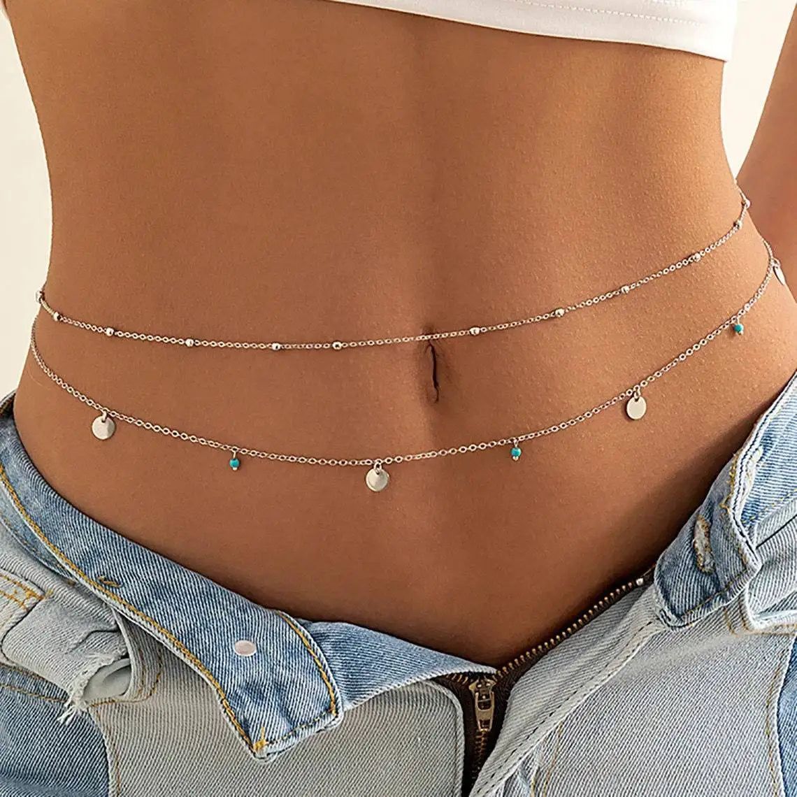 Minimalist Tassel Sequin Double Layer Chain Casual Pants Chain Hip-hop Body Chain Fashionable Retro Turquoise Waist Chain - Clikcy