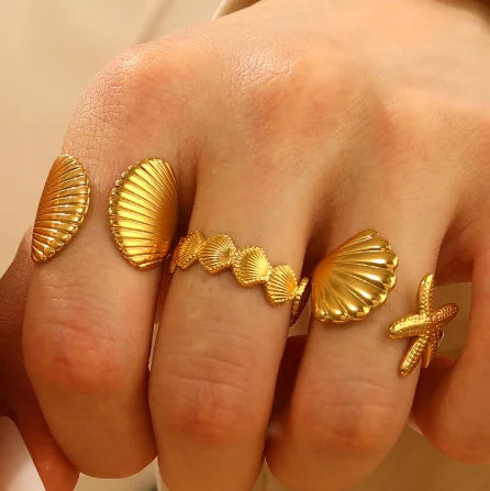 MHS.SUN Ocean Style Stainless Steel Starfish Shell Rings For Women Girl Vintage Gold Plated Open Ring Summer Beach Jewelry