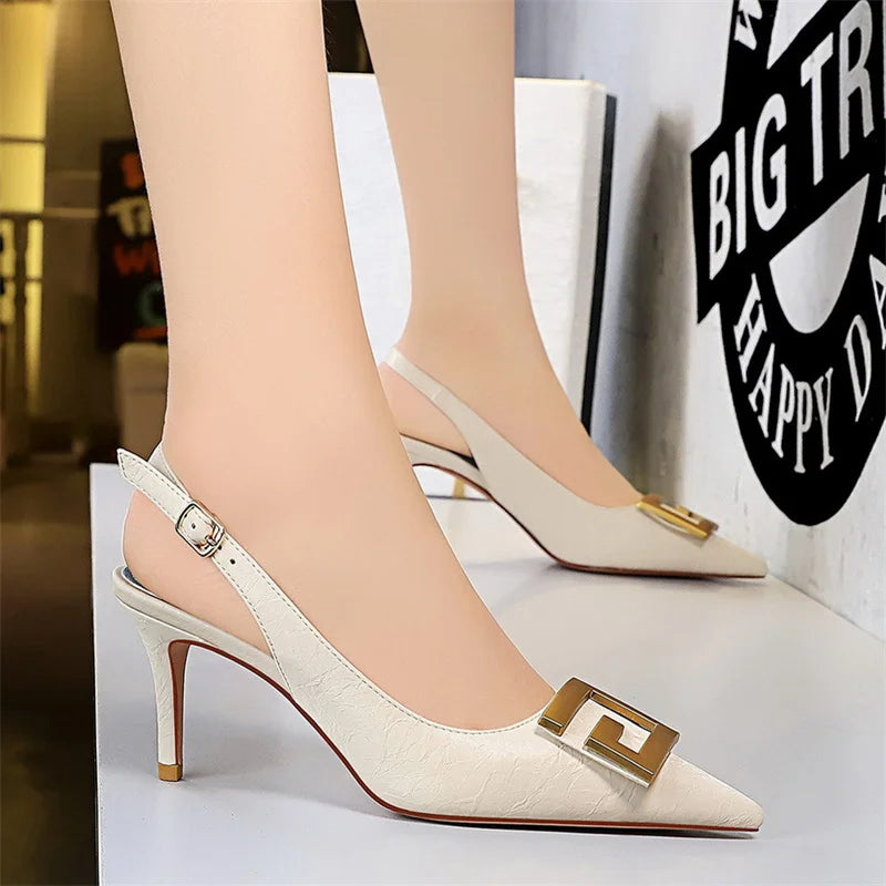Metal Square Buckle Thin Heel Party Shoes Black Green White Woman Pointed Toe Hollow Back Strap Pumps Middle Heel Sandals - Clikcy