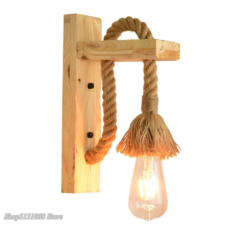 Vintage Hemp Rope Wall Lamp with Plug Wood Wall Lamp E27 Indoor Loft Outdoor Corridor Wall Lights Industrial Sconce Bedside Lamp - Clikcy