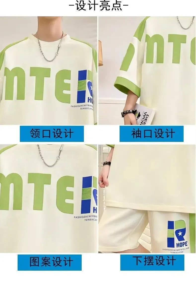 2024 Summer Men's Sets Korean Fashion Streetwear Tracksuit Men T Shirts+Shorts Two Piece Sets Casual Men Clothing Outfit Set - Clikcy