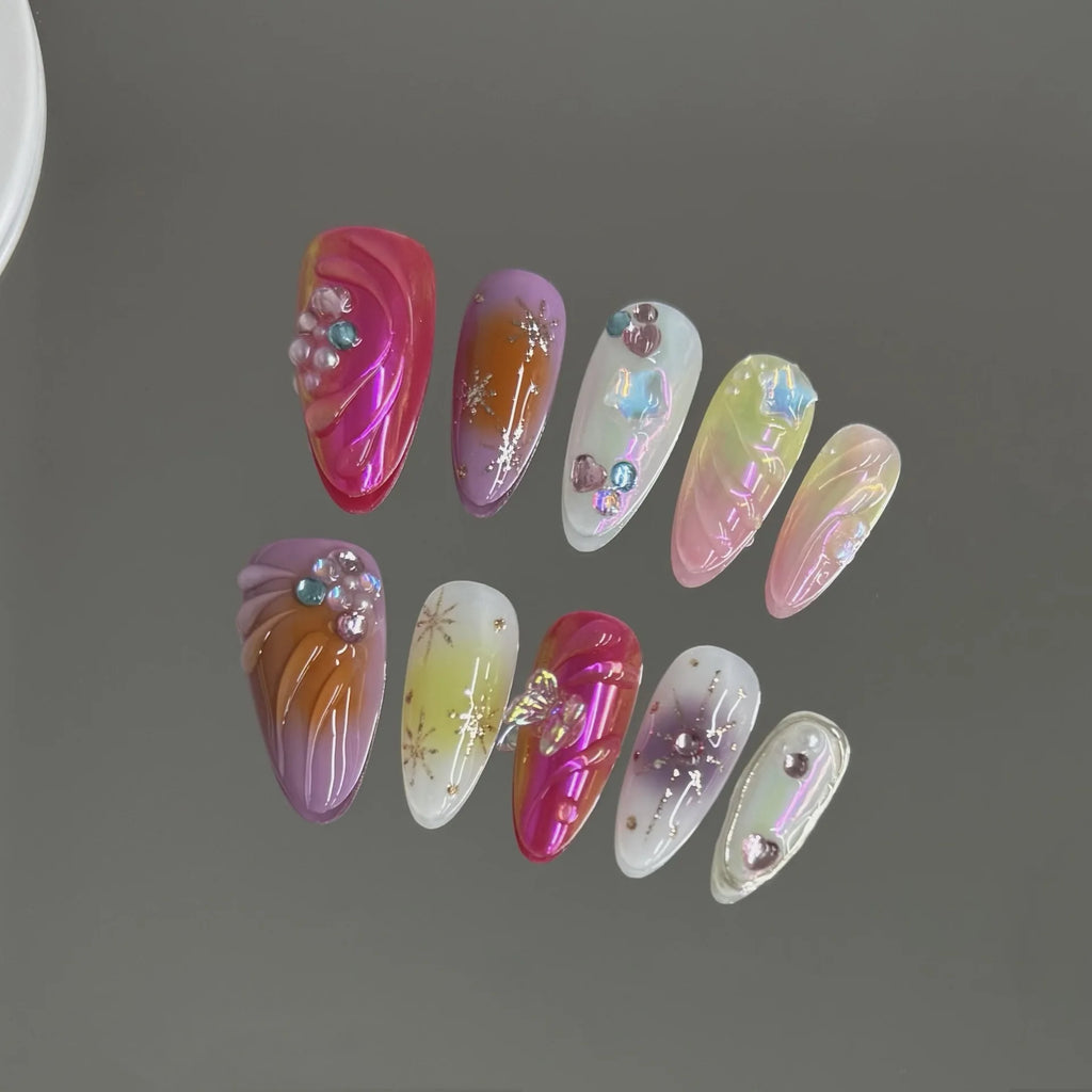 10pcs Handmade Press on Nails Sweet Cool Aurora Butterfly Star Fake Nail Tips Wearable Summer Spice Girls Almond False Nails - Clikcy