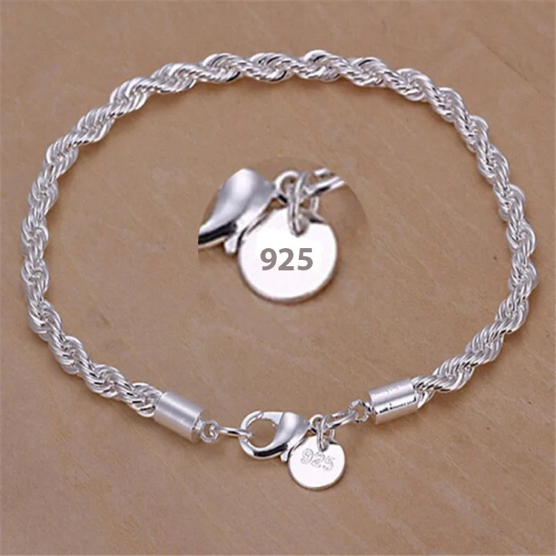New High quality 925 Sterling Silver 4MM Women Men chain Male Twisted Rope Bracelets Fashion Silver Jewelry - Clikcy