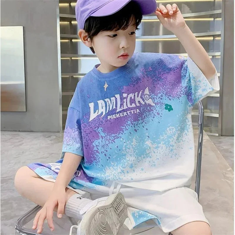 Boys Gradient Sets Teenager Summer Short-sleeved Suit New Children's T-shirt+shorts 2Pcs Outfits Kids Casual Sports Clothing - Clikcy
