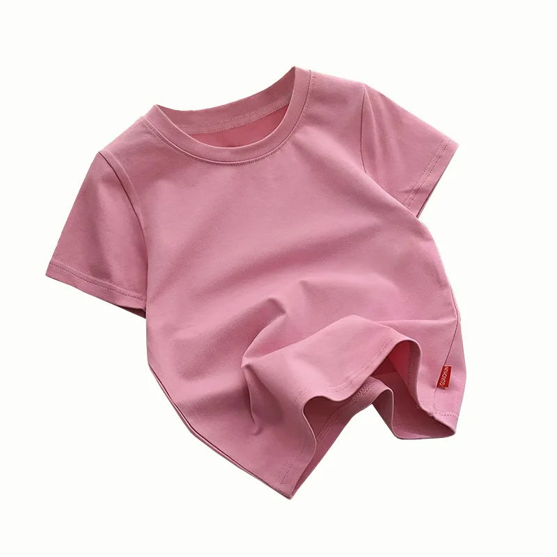 Summer Solid Color Children Cotton T-shirt for Boys Girls White Tops Tees Kids Clothes 2-10Y Student Casual Tee - Clikcy