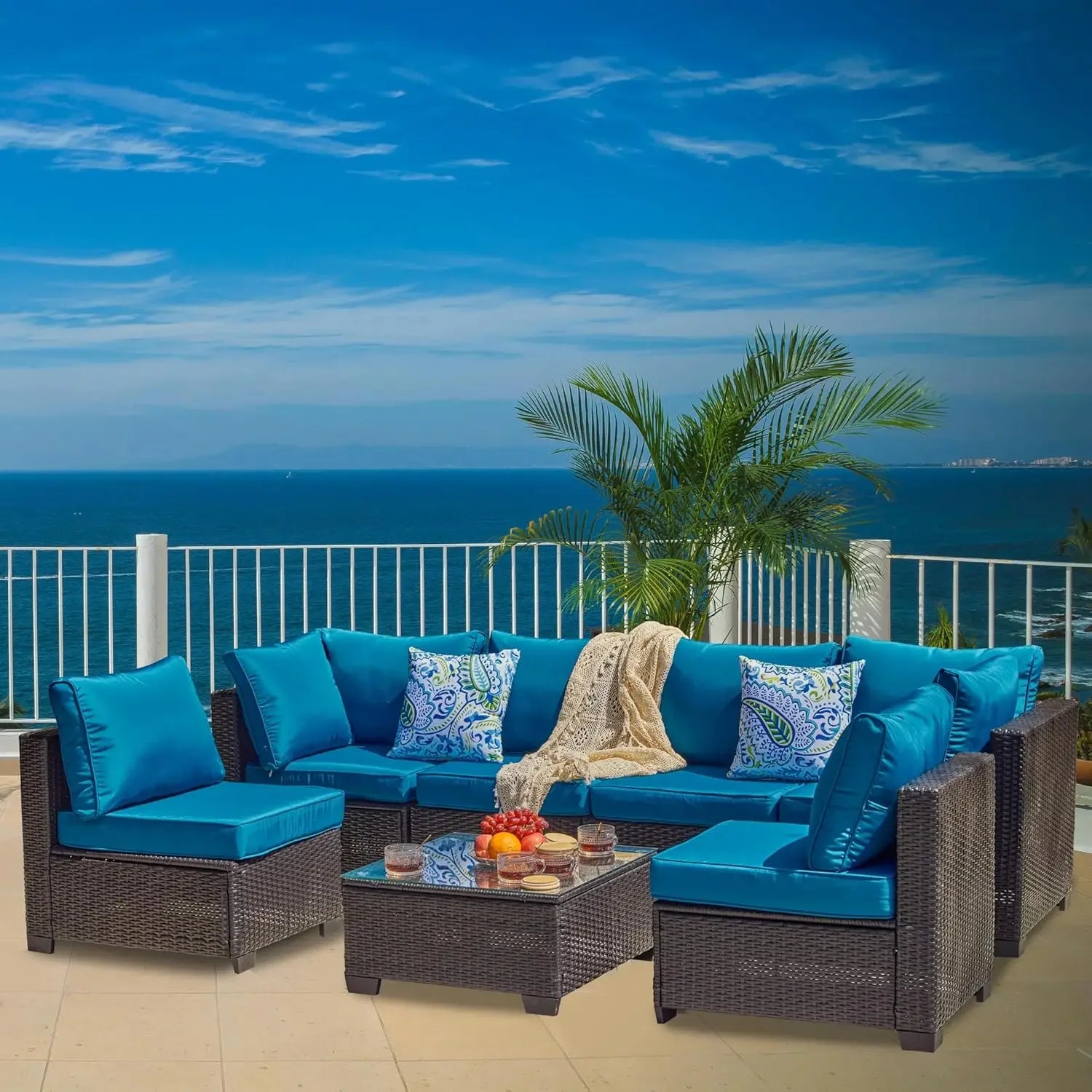 7 Pieces Outdoor Patio Furniture Sets, PE Rattan Wicker Patio Conversation Set with Tea Table - Clikcy