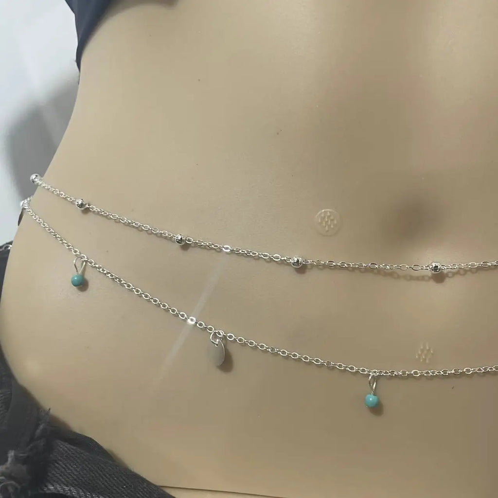 Minimalist Tassel Sequin Double Layer Chain Casual Pants Chain Hip-hop Body Chain Fashionable Retro Turquoise Waist Chain - Clikcy