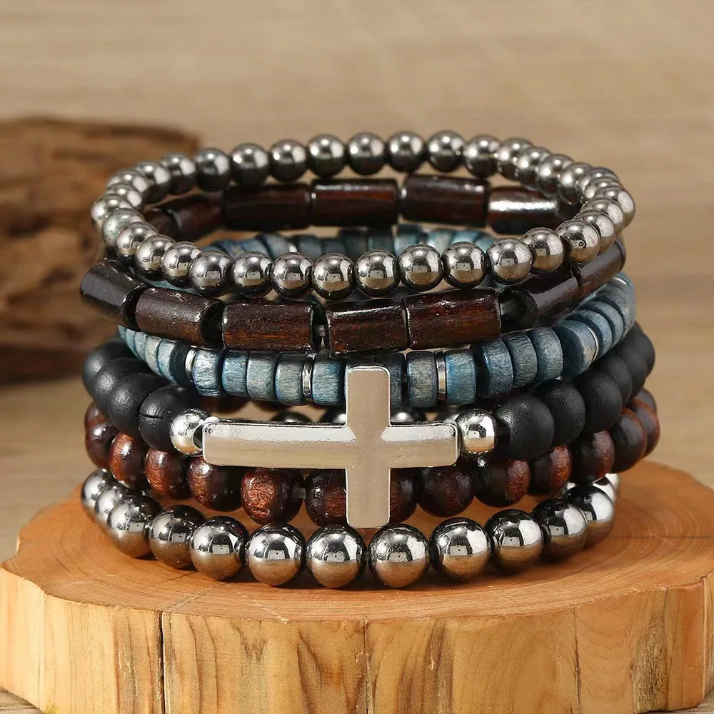Cross Life Tree 5Pcs/set Vintage Bronze Ethnic Casual Wood Beads Feather Charm Leather Women Bracelets Men Male Jewelry - Clikcy