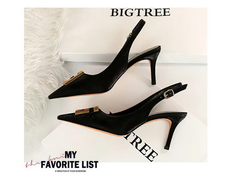 Metal Square Buckle Thin Heel Party Shoes Black Green White Woman Pointed Toe Hollow Back Strap Pumps Middle Heel Sandals - Clikcy