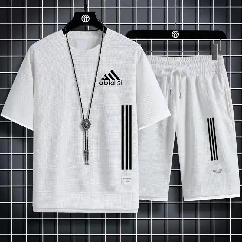 Adida 2024 Man New Tracksuits 2 Piece Short Sleeve Suits Printing T-shirt +Sweatpants Sets Sutdent Casual Summer Sport Clothes - Clikcy