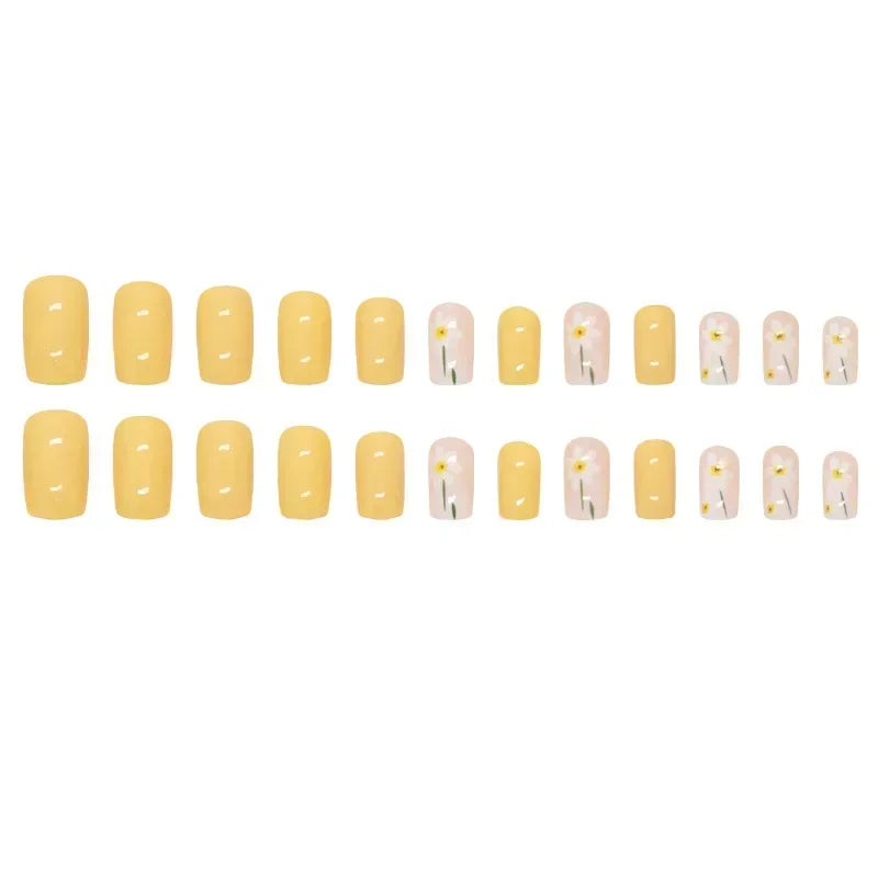 24Pcs Short Square Head Fake Nails Yellow False Nails with Flowers Simple French Tips Wearable Summer Full Cover Press on Nails - Clikcy