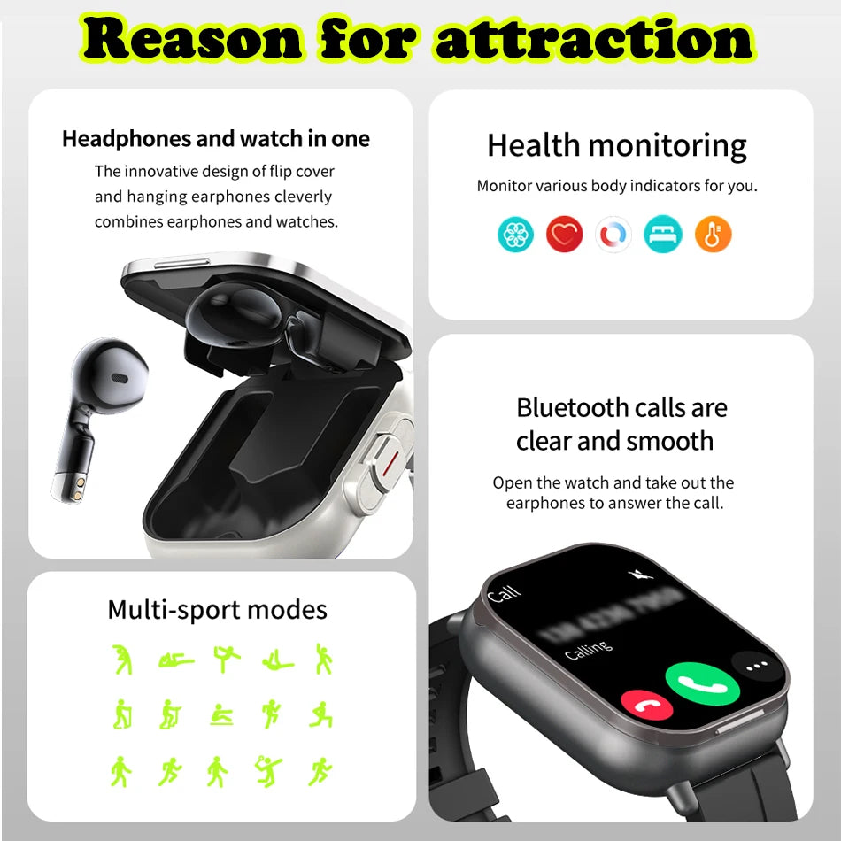 2024 Smart Watch 2 in 1 With Earphone Smartwatch Bluetooth Call Men Watch GPS Track Heart Rate Monitor Play Music SmartWatch - Clikcy
