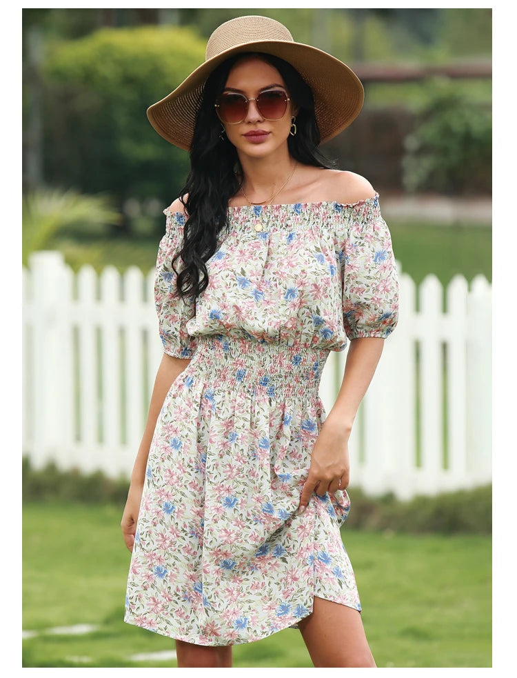 2025 Spring and Summer New Women's Random Printed Pullover Dress One Collar Midi Dress Beach Seaside Holiday - Clikcy