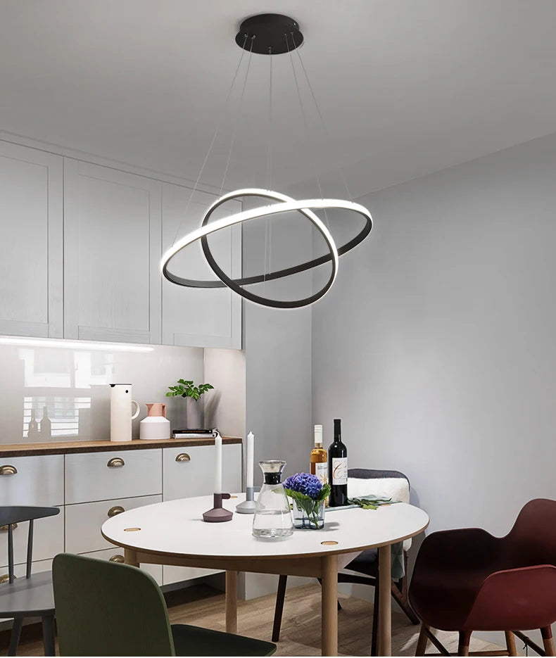 Modern Pendant Lamp Led Rings Circle Ceiling Hanging Chandelier Black Loft Living Dining Room Kitchen Indoor Lighting Fixture - Clikcy