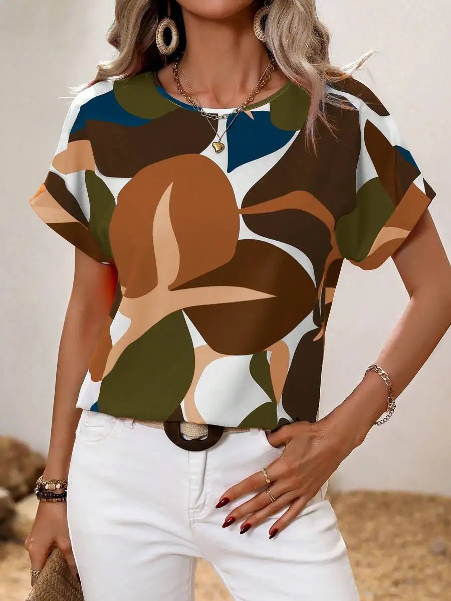 Women's round neck T-shirt Summer outdoor fashion short-sleeved tops Oversize loose ladies clothing Flower printing trend style - Clikcy