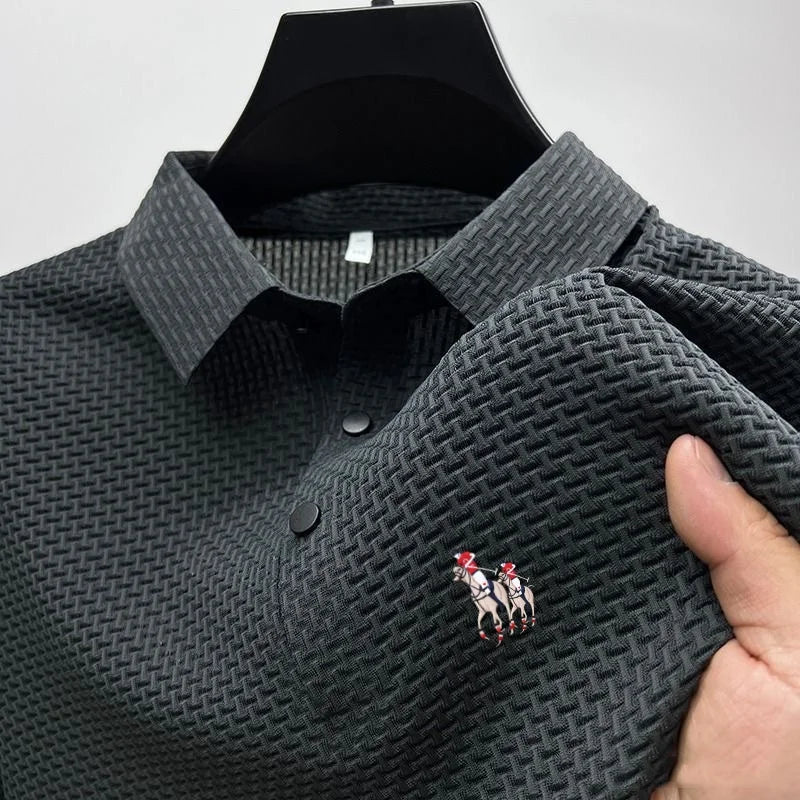 New style ice silk jacquard polo shirt short sleeve summer men's t-shirt casual business fashion stand collar t-shirt men - Clikcy