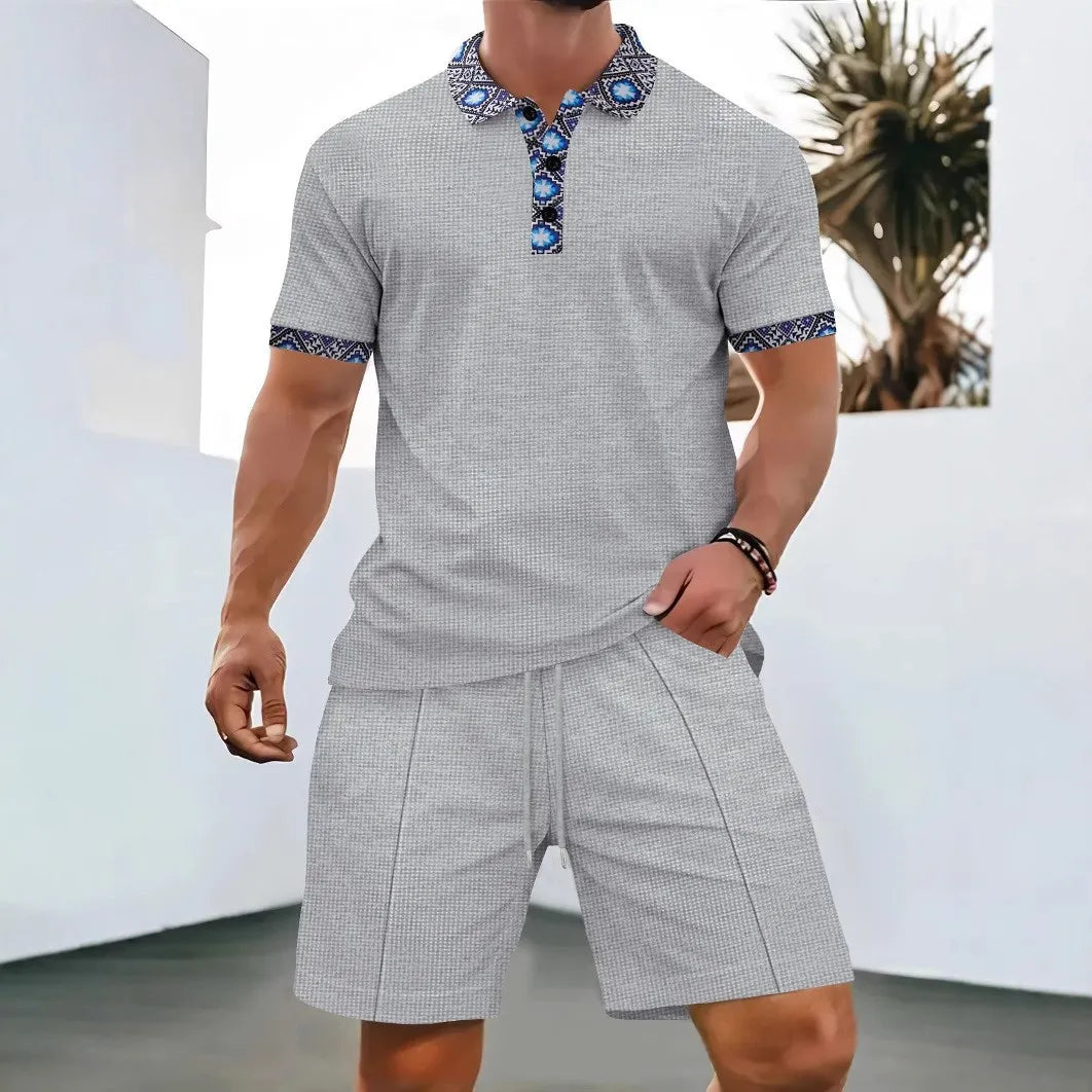 2025 Men Europe and the United States new summer Waffle solid color zip-up lapel short-sleeve suit shorts two sets