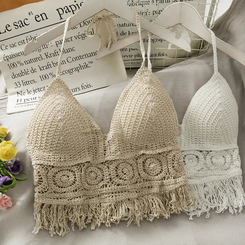 2025 Crop Tops Retro Wild Hollow Perspective Tassel Sexy Spaghetti Strap Tanke Top Women Built In Bra New Back Lace Halter Neck - Clikcy