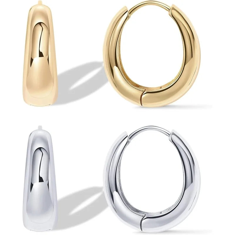 14K Gold Plated Sterling Silver Post Small Chunky Hoops Earrings | Thick Lightweight Gold Hoop Earrings for Women Retro style - Clikcy