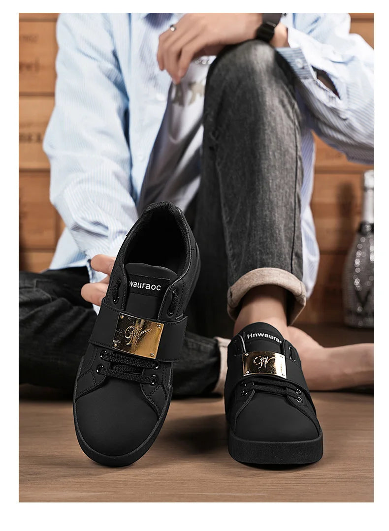 HKDQ Classic Black Sneakers For Men Fashion Design Leather Casual Sneakers Man Street Style Comfortable Men's Skateboard Shoes