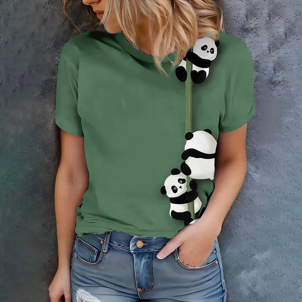 Fresh and cute style green base panda print daily casual fashion summer women's short sleeved T-shirt - Clikcy