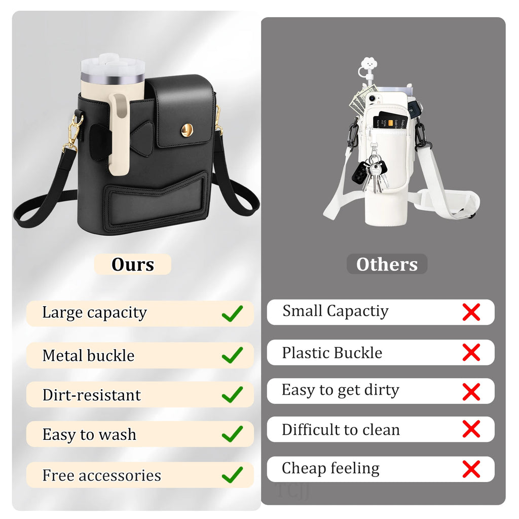Outdoor Water Bottle Crossbody Bag With Pocket for Stanley Cup 40 oz Tumbler Leather Water Cup Holder With Strap for Women Gifts - Clikcy