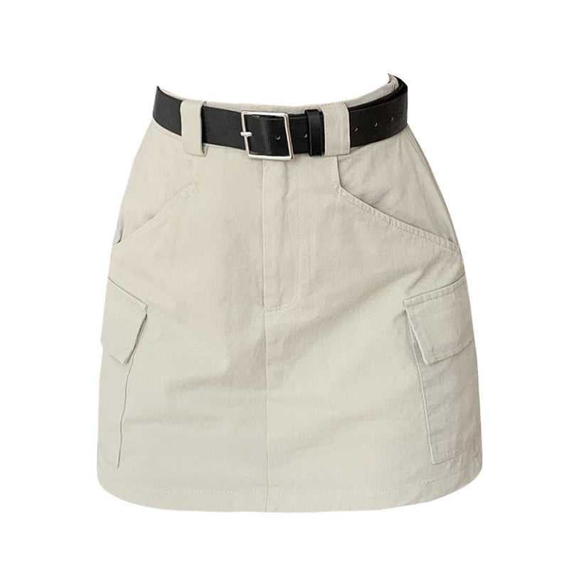 2025 New Spring Summer Vintage Cargo Skirts Women Casual Pockets A-line Short Skirts Ladies Fashion High Waist Mini Skirt - Clikcy