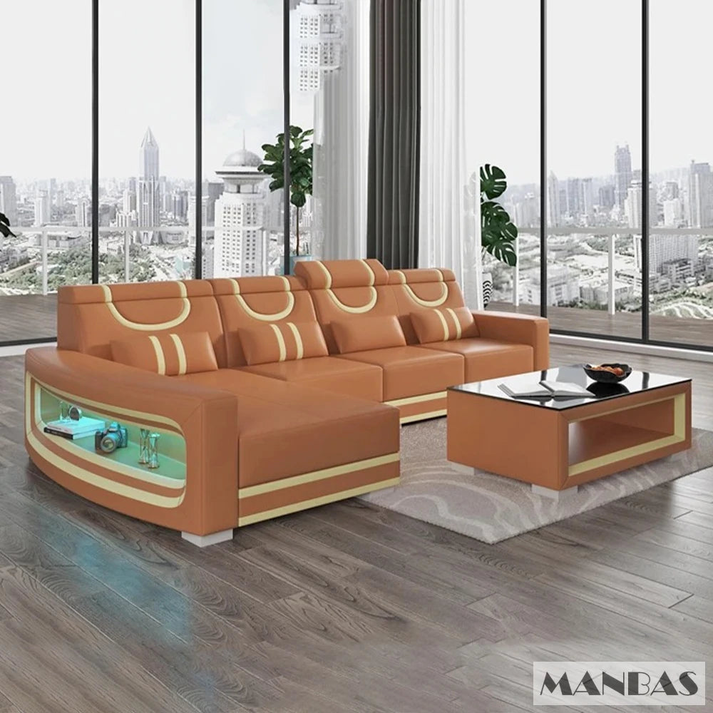 Upgrade Your Living Room with MANBAS Italian Genuine Leather Sofa - 2 Colors Combination, LED Light & Soft Cushions - Clikcy