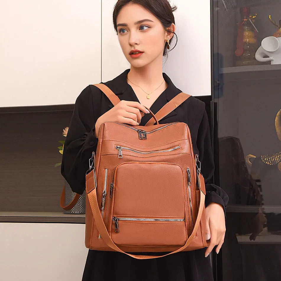High-quality Leather Women Classic Back Pack 2025 Solid Color Luxury Travel Backpack Casual School Bags Girls Mochilas Feminina - Clikcy