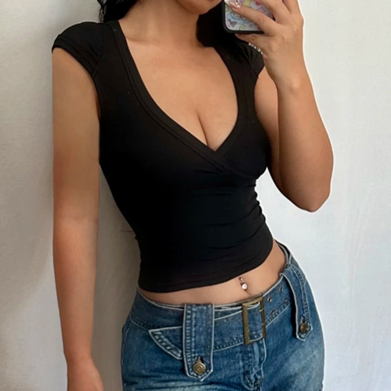 CIBBAR Sexy Deep V Neck Crop Top Women Basic Solid Tee Shirts 2024 Summer New Fashion T-shirts Vintage Clubwear Ladies Clothing - Clikcy