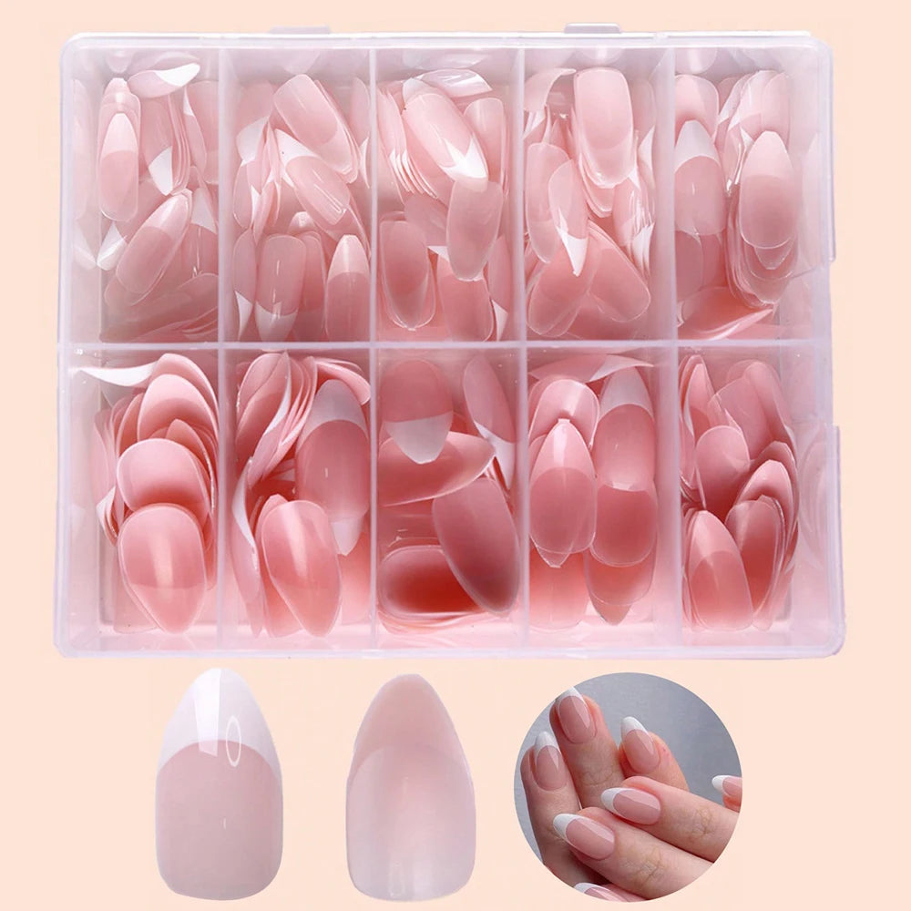 360Pcs/box French Nail Tips Glossy Soft Gel Pink Medium Almond White Simple Press On Nails 10Grids Huge Capacity False Nails - Clikcy