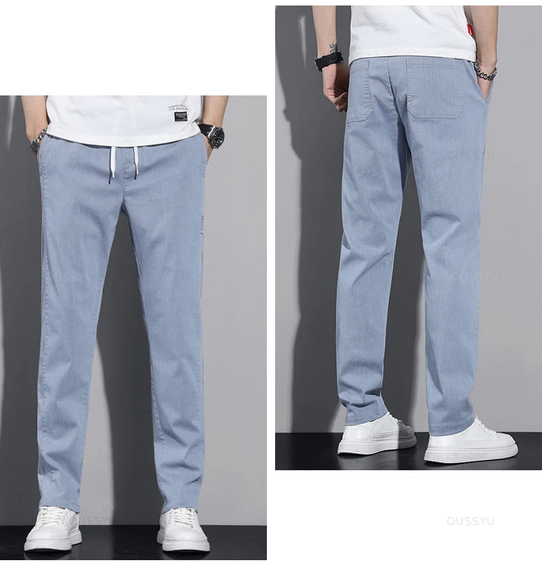New Spring Summer Cotton Men's Casual Pants Classic Drawstring Elastic Waist Thin Stretch Blue Jogging Work Cargo Trousers Male - Clikcy