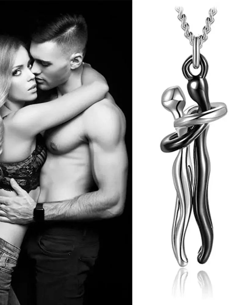 Chic Black Hug Pendant Necklace for Couples - Elegant Love Symbol,Perfect for Party & Daily Wear - Clikcy