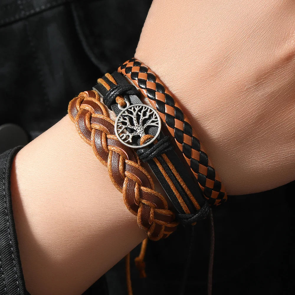 Red 6 Pc/set Tree Black Wrap Woven Handmade Wood Beads Bracelets Male Women Leather Bracelets Men Bangle Wholesale Jewelry Gift - Clikcy