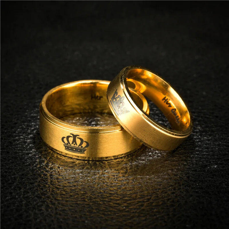 Gold Colour King Queen Crown Stainless Steel Couple Rings for Lovers Promise Men Women Valentine's Day Gifts - Clikcy