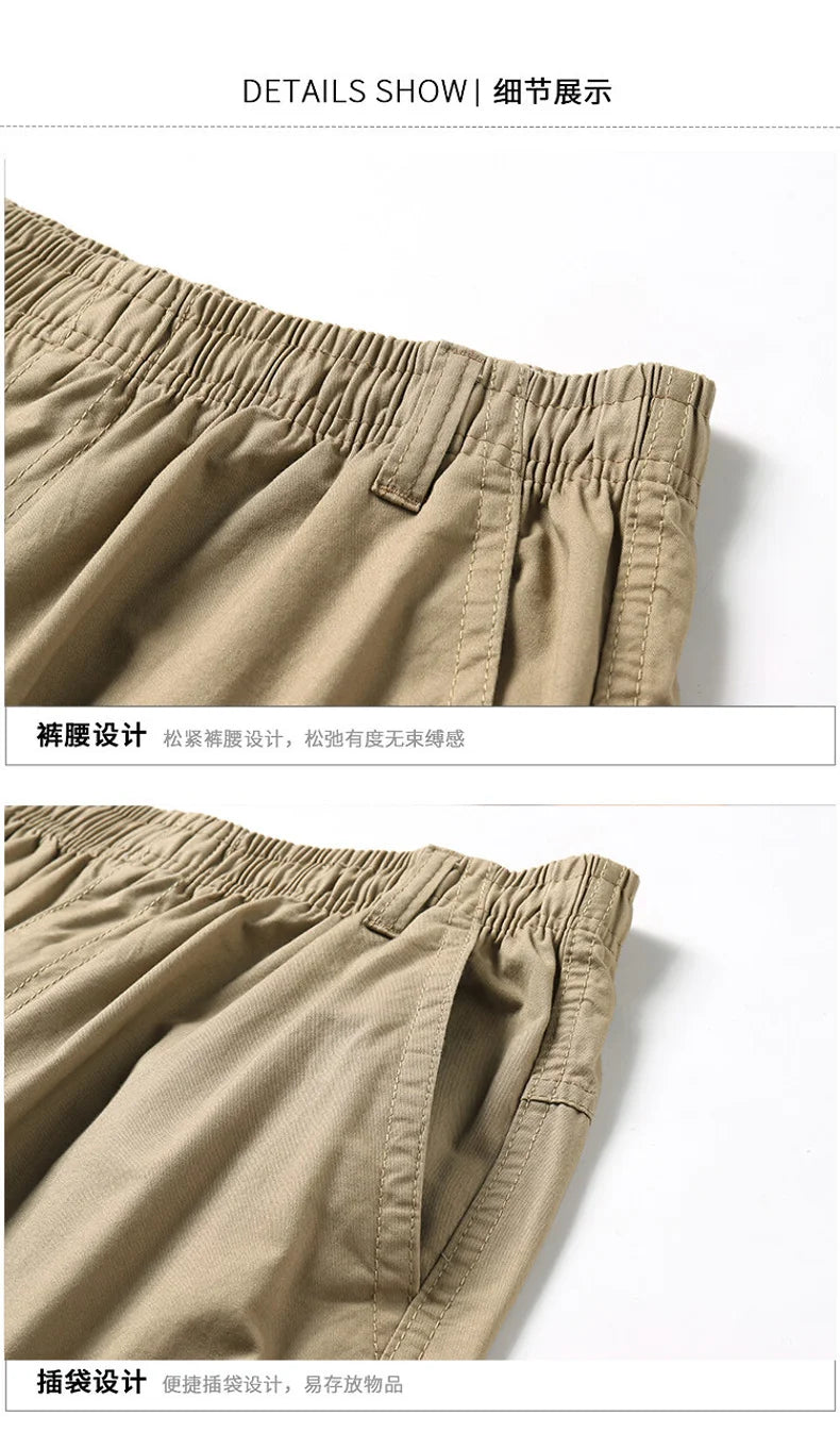 100% Cotton Men's Cargo Pants Straight Fit Loose Work Trouser Male Spring Summer High Waist Big Size Large Plus Elastic Pocket - Clikcy