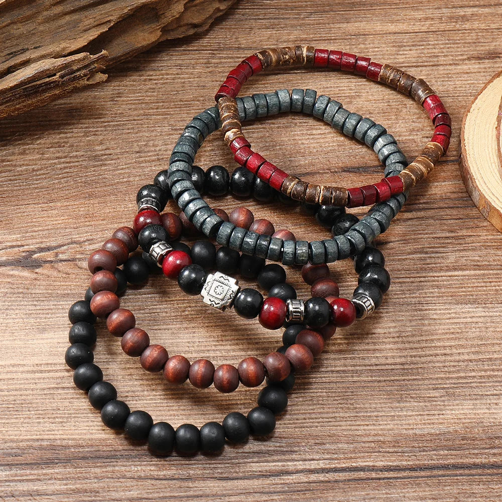 Cross Life Tree 5Pcs/set Vintage Bronze Ethnic Casual Wood Beads Feather Charm Leather Women Bracelets Men Male Jewelry - Clikcy