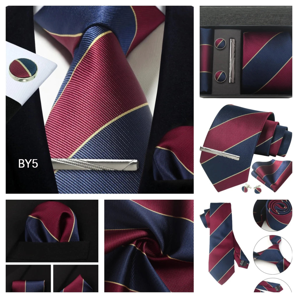 Classic 100% Silk Men's Ties In Gift box 8cm Plaid Dot Striped Business Necktie Handkerchief Cufflinks Wedding Party Tie Set