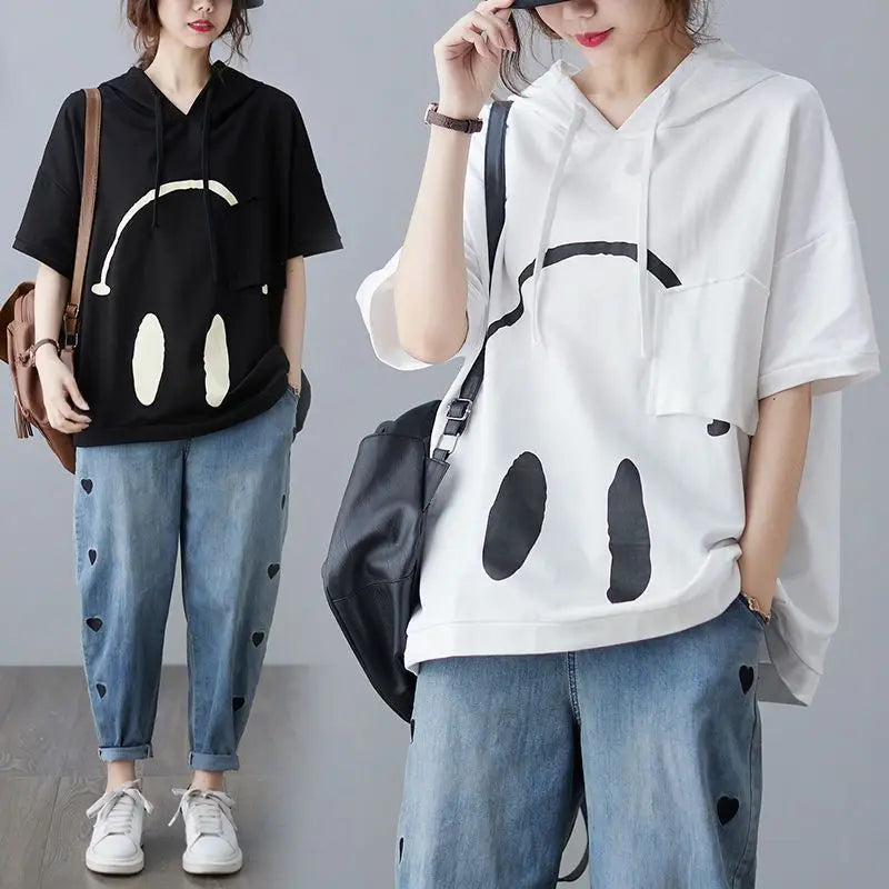 2024 New Summer Fashion Edition Fresh and Age Reducing Loose Casual Oversized Printed Hooded Short Sleeved Women's Hoodie - Clikcy