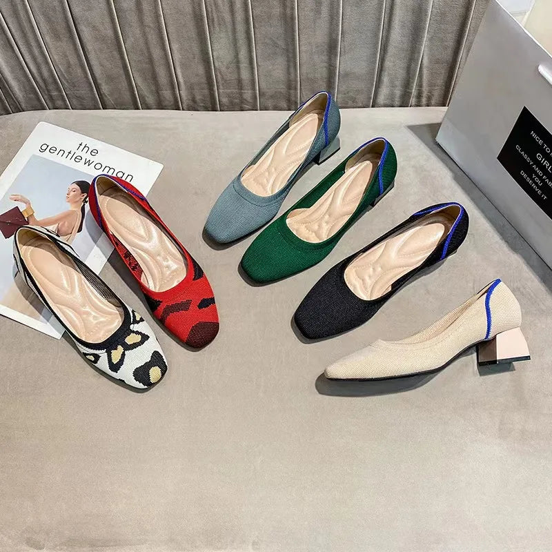 Large high-heeled shoes 42/43/41 women's shoes knitted fashionable breathable non-slip beautiful color matching spring and autum - Clikcy