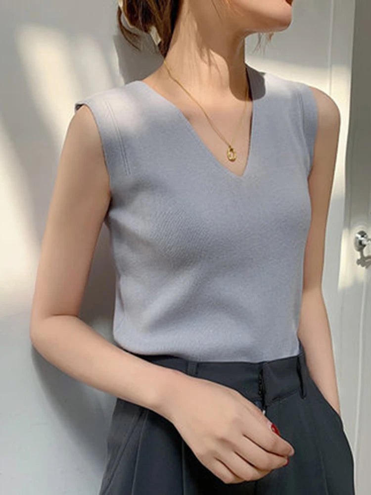 AOSSVIAO 2025 Summer Women Knitted Tank Tops Women Thin Tops Basic Casual Tank Tops V-neck Tees Sleeveless Tops For Women - Clikcy