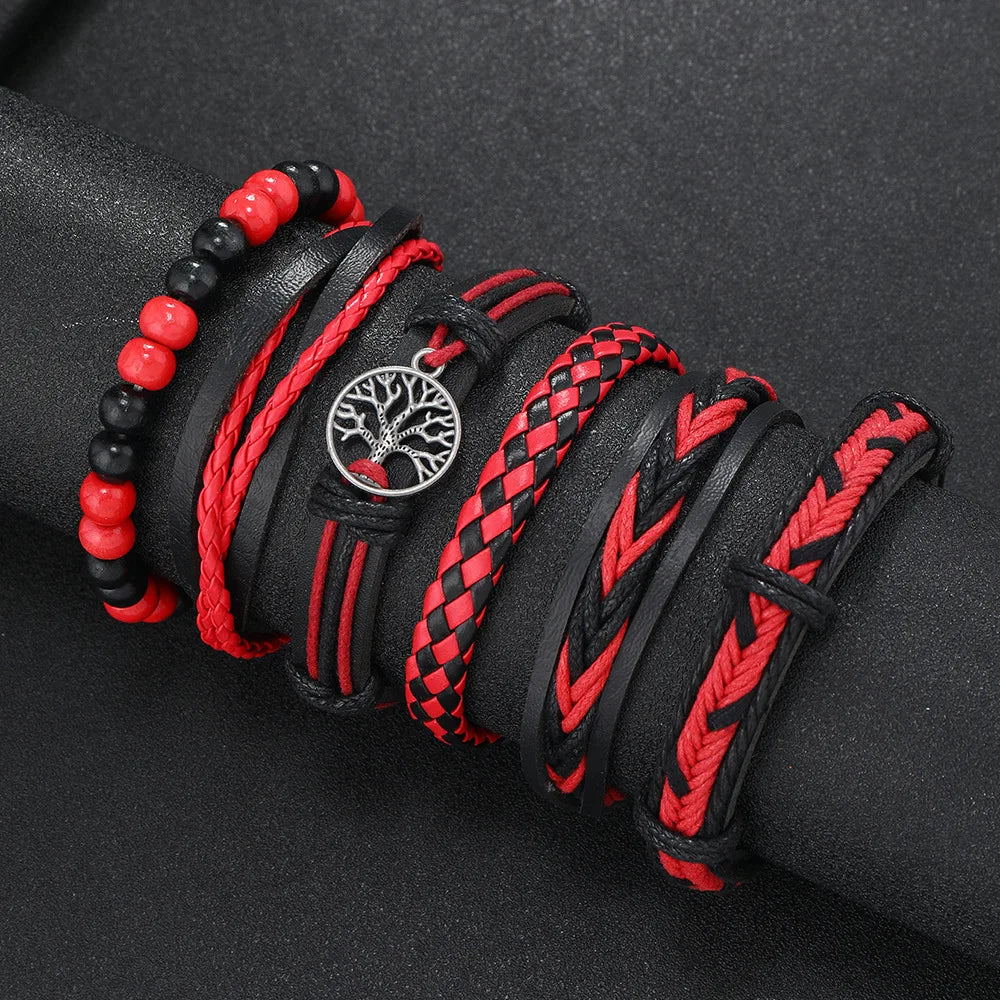 Red 6 Pc/set Tree Black Wrap Woven Handmade Wood Beads Bracelets Male Women Leather Bracelets Men Bangle Wholesale Jewelry Gift - Clikcy