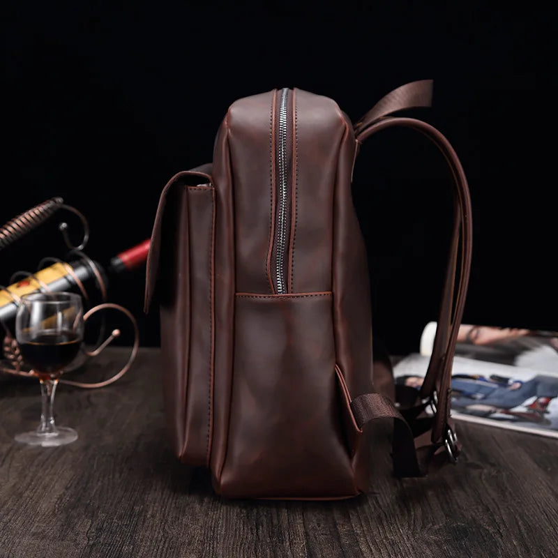 Retro Fashion Laptop Backpack Men Korean Style Flap Men's Backpacks High Quality PU Leather Travel Back Bag Student Schoolbags - Clikcy