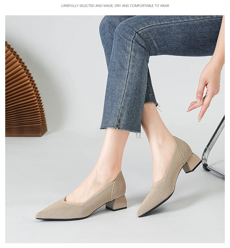 Women's large high-heeled shoes Multicolor pointy knit breathable comfortable anti-skid rubber sole work shoes 2023 new autumn - Clikcy