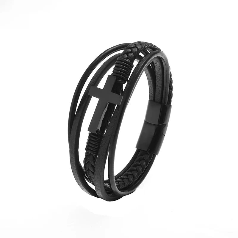 Multilayer Feather Leather Wrap Bracelet Men Classic High Quality Jewelry Gift Male Business Bracelet with Metal Magnetic Clasp - Clikcy