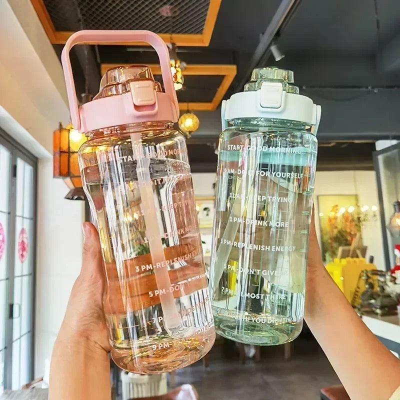 2L Portable Water Bottle Large Capacity Plastic Straw Water Cup Drink Bottle With Time Marker For Outdoor Sports Fitness - Clikcy
