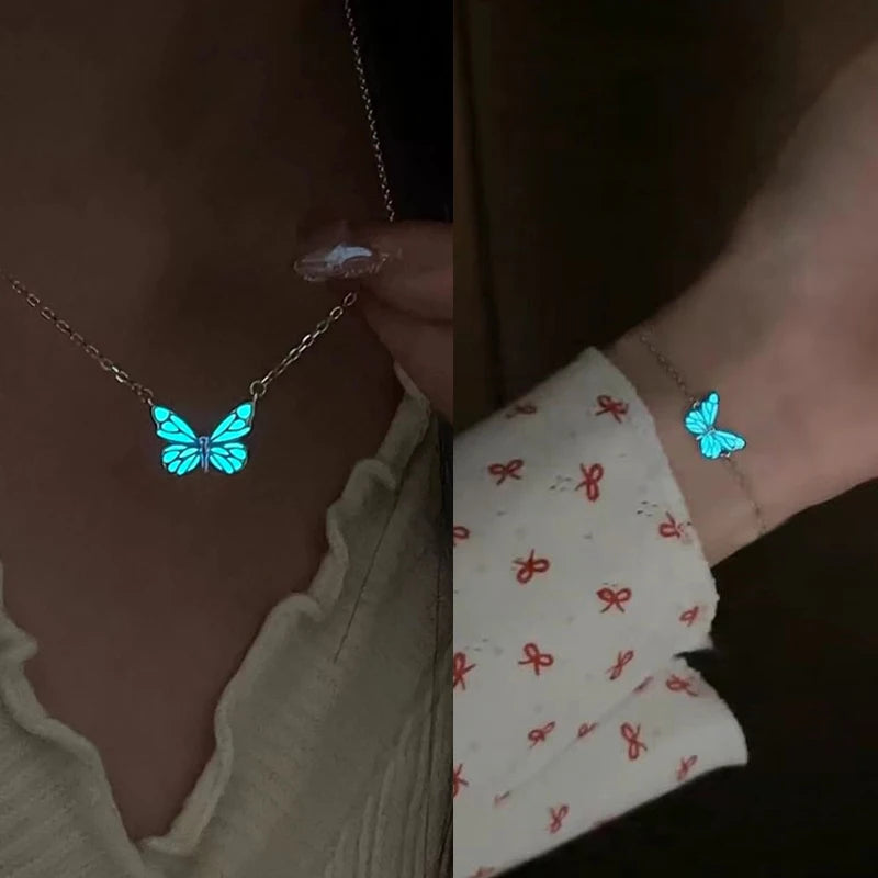 1Set Glow in The Dark Pendant Necklace Bracelet Mermaid Spiral Fashion Jewelry Night Necklace Butterfly Necklace Women Jewelry - Clikcy