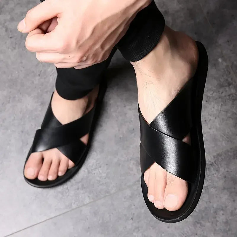 Slippers Men's Cross-Strap Slippers Flat Home Men Slippers Comfortable Soft Sole Leather Casual Shoes Bathroom Slipper Pantuflas - Clikcy