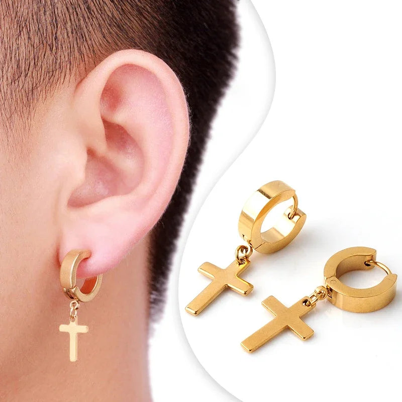 2pc Stainless Steel Men Cross Stars Punk Dangle Earrings Gothic Woman Cross Ear Hoop Earrings Huggies Pendant Piercing Jewelry - Clikcy