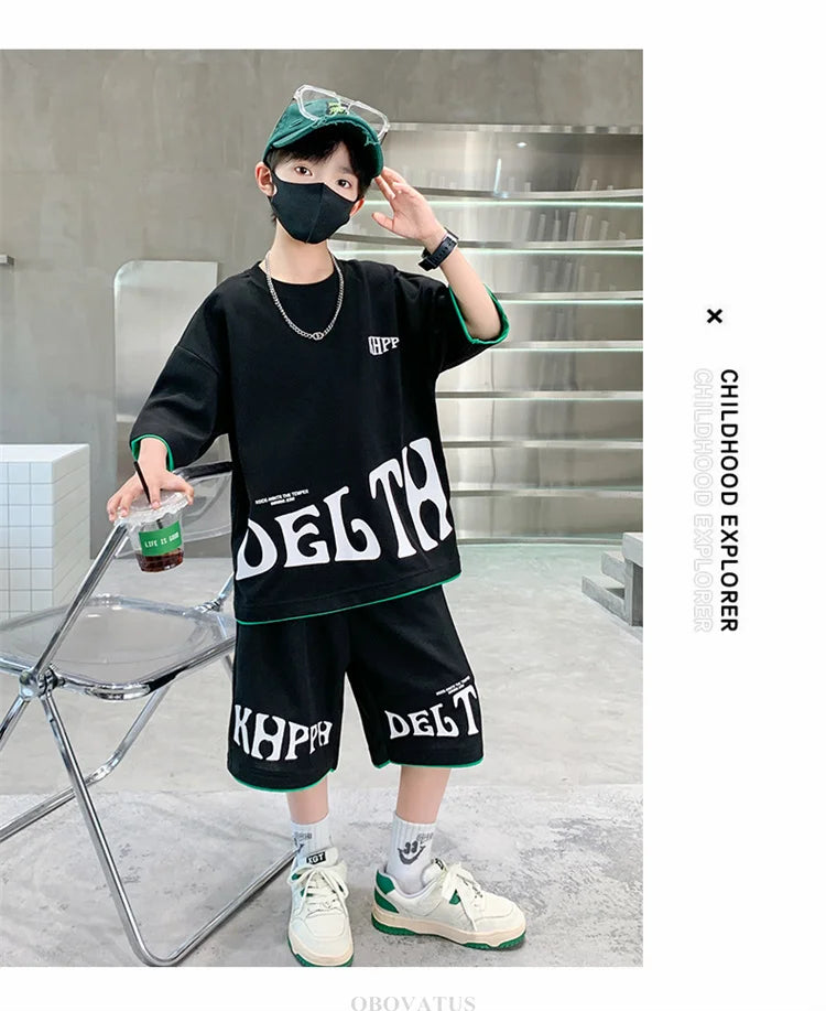 Children Summer Clothing Set For Boys Letter Print Sport Suit Kids Teenager Cotton Outfits Casual Short Sleeve Tracksuit Costume - Clikcy